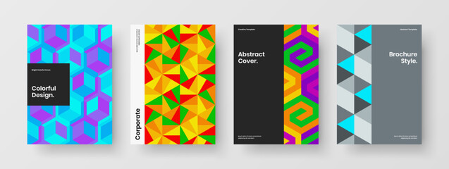 Original book cover A4 vector design concept bundle. Simple geometric pattern handbill template collection.