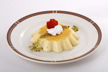 Closeup of a flan strawberry-flavored dessert