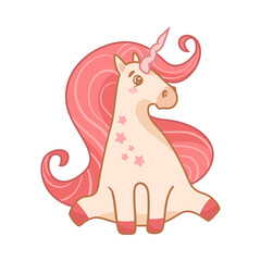 Cute happy unicorn with stars sitting cartoon illustration. Beautiful and adorable pink magic character isolated on white background. Fantasy, fairy tale concept