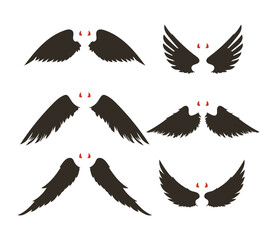 Black evil wings and red horns set. Vector illustrations of devil costume and headband for Halloween party. Cartoon silhouettes of different shapes isolated on white. Masquerade, decor concept