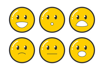 Emoji and yellow emoticon set. Vector illustrations of round funny faces of characters. Cartoon good and negative expression, happy smile isolated on white. Survey, customer feedback, reaction concept