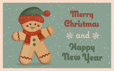 Gingerbread man cartoon character. Merry Christmas and Happy New Year Postcard or poster or flyer template with merry gingerbread man in retro style. Christmas card in vintage style. 