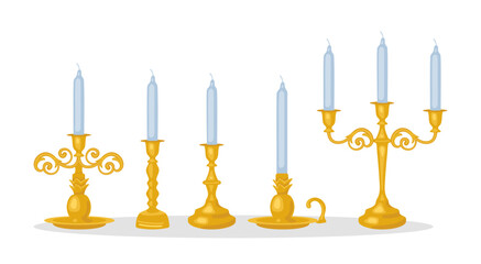 Gold vintage candlesticks with candles set. Vector illustrations of ornate holders on stands. Cartoon medieval chandeliers of different shapes isolated on white. Antique interior decoration concept