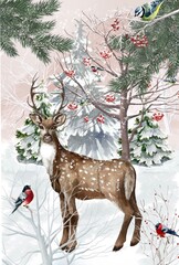 christmas deer and winter tree