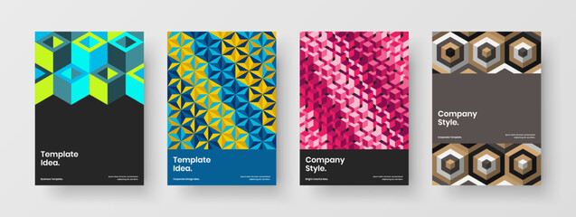 Unique geometric hexagons leaflet layout set. Colorful journal cover A4 vector design illustration collection.