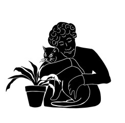 Woman hugging with a cat silhouette. Vector illustration. Home comfort with a pet. logo illustration.