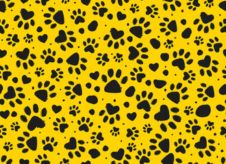 Animal paw print seamless black yellow pattern.Dalmatian Spots, Vector hand-drawn background. 