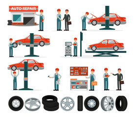 Car Repair Service with Man Worker in Overall Doing Auto Inspection and Maintenance Vector Set