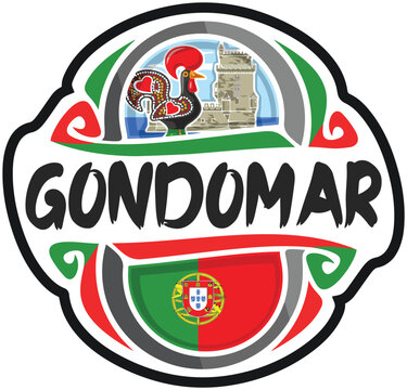 Gondomar Portugal Flag Travel Souvenir Sticker Skyline Landmark Logo Badge Stamp Seal Emblem Coat of Arms Vector Illustration SVG EPS