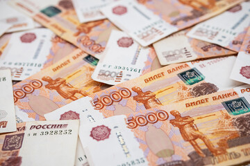 Five thousand rubles bills. Russian paper currency background.