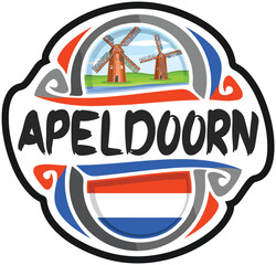 Apeldoorn Netherlands Flag Travel Souvenir Sticker Skyline Landmark Logo Badge Stamp Seal Emblem Coat of Arms Vector Illustration SVG EPS