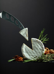 Brie cheese and cheese knife with triangle piece.