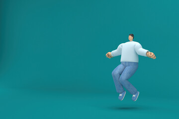 Fototapeta na wymiar cartoon character wearing jeans and long shirt. He is jumping. 3d rendering in acting.