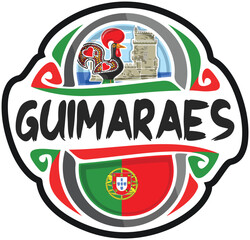 Guimaraes Portugal Flag Travel Souvenir Sticker Skyline Landmark Logo Badge Stamp Seal Emblem Coat of Arms Vector Illustration SVG EPS