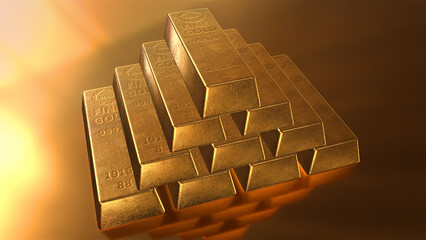 Naklejka na ściany i meble Stack of gold bars. Gold bullion bars, precious metal investment as a store of value. Digital Pile of Gold bars or ingots, financial concept 3d render.
