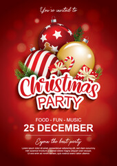 Merry christmas party glass ball and gift box for flyer brochure design on red background invitation theme concept. Happy holiday greeting banner and card template.