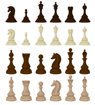 Black and White Chess Piece or Chessman with King and Knight Big Vector Set