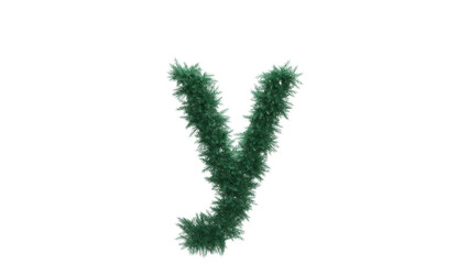 Lowercase letter Y from Christmas tree twigs on transparent background. Christmas alphabet. Letters from Christmas tree branches without decorations. 3d illustration