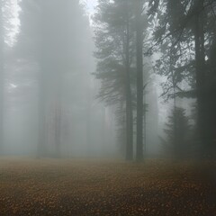 Fototapeta na wymiar Forest Covered in White Fog 