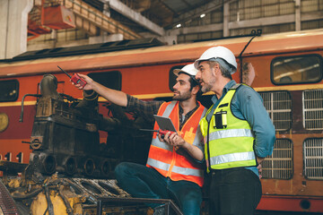 industrial factory with men at work concept, professional engineer foreman inspector talking in business occupation job teamwork with team, construction manager working in manufacturing technology job