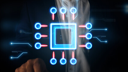 Business man touching global network and data on technology background using tech devices