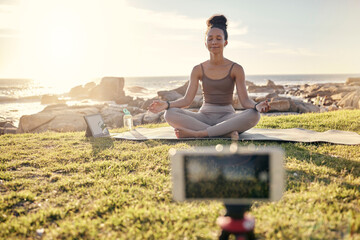 Yoga, meditation and technology with woman in nature for live streaming, peace or social media with...