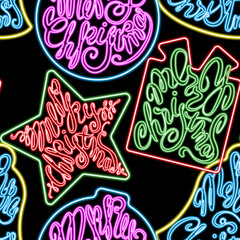 Merry Christmas calligraphy- neon-like inscriptions. Vector seamless pattern black