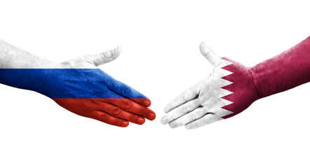 Handshake between Qatar and Russia flags painted on hands, isolated transparent image.