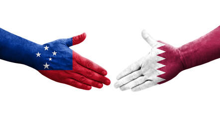 Handshake between Qatar and Samoa flags painted on hands, isolated transparent image.