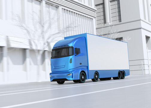 Generic design Blue Electric truck running on urban street. 3D rendering image.