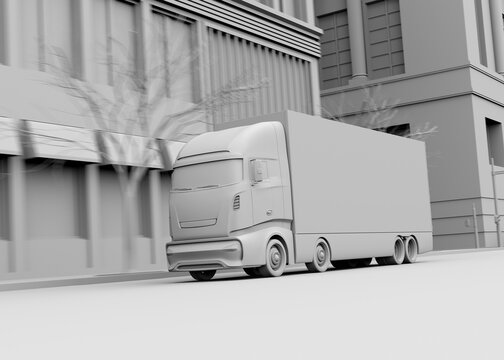 Clay rendering of Electric truck passing a crossroad intersection. 3D rendering image.