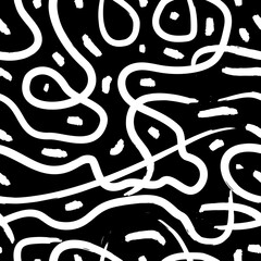 white chalk paint brush strokes vector seamless pattern on a black background. Hand drawn curved and wavy lines with grunge circles. Chaotic ink brush scribbles decorative texture.