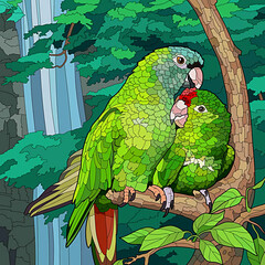 illustration of a pair of green parrots on a tree branch in the forest 