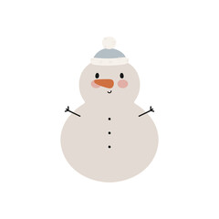 Cute Snowman. Cartoon style. Vector illustration. For card, posters, banners, books, printing on the pack, printing on clothes, fabric, wallpaper, textile or dishes.