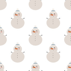 Seamless Pattern with cute Snowman. Vector illustration. For greeting card, posters, banners, the card, printing on the pack, printing on clothes, fabric, wallpaper.