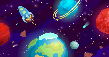 Space cartoon vector illustration with different planets and rocket. Galaxy, cosmos, universe element for computer game, web, book for kids.
