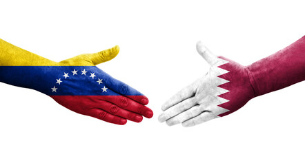 Handshake between Qatar and Venezuela flags painted on hands, isolated transparent image.