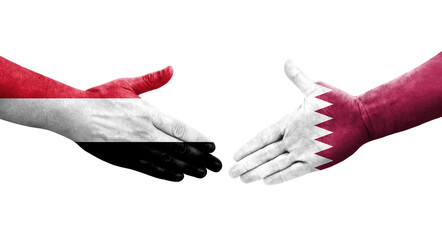 Handshake between Qatar and Yemen flags painted on hands, isolated transparent image.