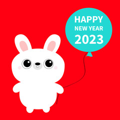 Happy Chinese New Year 2023. The year of the rabbit. Bunny holding balloon. Cute kawaii cartoon character. Funny face. Big ears, eyes. Greeting card. Blue color. Red background Flat design.