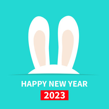 Happy Chinese New Year 2023. The year of the rabbit. Bunny ears. Hidden head face. Cute cartoon kawaii funny baby character. Farm animal. Blue background. Flat design