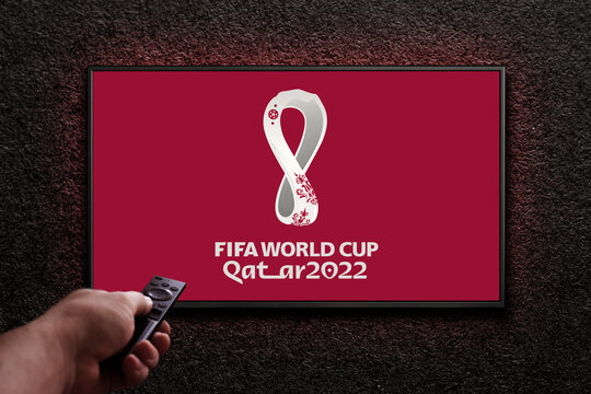 FIFA World Cup Qatar 2022 Logo On Tv Screen And A Remote Control. Moscow, Russia - November 11, 2022.