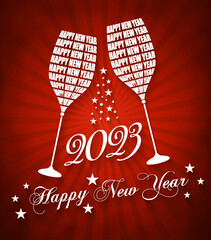Wine Glass Toasting Illustration, Happy New Year, Year 2023 Vector Design on Red Background, Stylish Glass Design, Party Banner Design