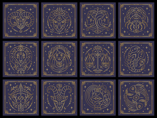 Twelve zodiac astrological horoscope signs dark navy cards set. Capricorn, Aquarius, Pisces, Aries, Taurus etc stylized symbols esoteric, zodiacal horoscope constellation thin line vector illustration - obrazy, fototapety, plakaty