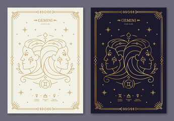 Taurus zodiac horoscope golden signs dark navy and white cards set. Stylized symbols of esoteric, zodiacal astrological calendar, horoscope constellation, cover design thin line vector illustration