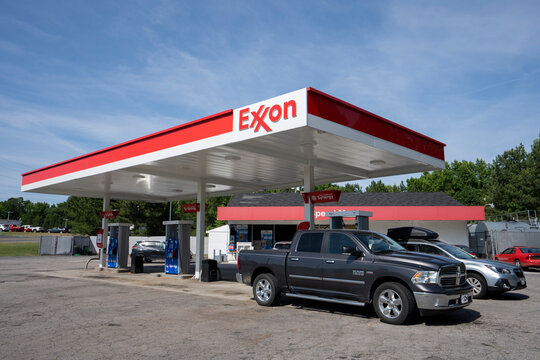 Oxford, NC, USA - June 19, 2022: Exterior view of an Exxon gas station in Oxford, North Carolina. ExxonMobil Corporation is an American multinational oil and gas corporation based in Irving, Texas.