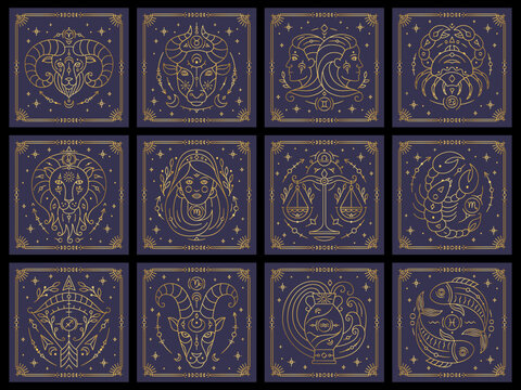Twelve zodiac astrological horoscope signs dark navy cards set. Capricorn, Aquarius, Pisces, Aries, Taurus etc stylized symbols esoteric, zodiacal horoscope constellation thin line vector illustration