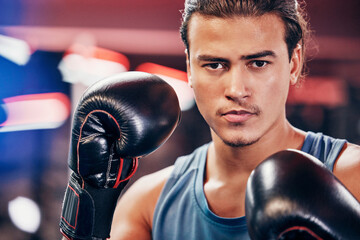 Boxing, boxer and man with fitness boxing gloves in portrait, sport training and motivation for...