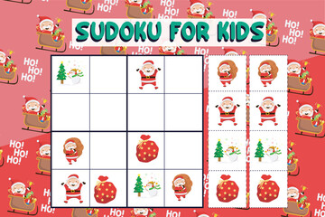 Sudoku game for children with pictures. Kids activity sheet. Training children’s logical thinking, educational game. Cute Christmas cartoon items. Vector illustration file.