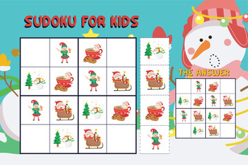 Sudoku game for children with pictures. Kids activity sheet. Training children’s logical thinking, educational game. Cute Christmas cartoon items. Vector illustration file.