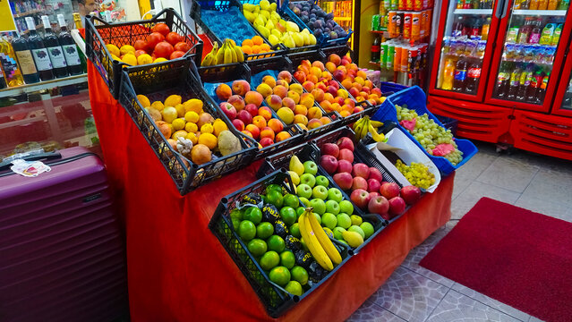 Istanbul, Turkey - September 14, 2022: Turkish fresh fruits on store shelves.
